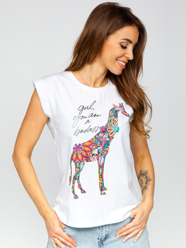 Biały T-shirt z cyrkoniami damski z nadrukiem Denley DT103