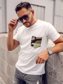 Biały bawełniany t-shirt męski z kieszonką z nadrukiem moro Bolf 14507A