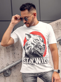 Biały bawełniany t-shirt męski z nadrukiem Bolf 143021A