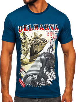 Ciemnoniebieski bawełniany t-shirt męski z nadrukiem Denley 143008