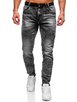 Czarne jeansowe spodnie męskie regular fit z paskiem Denley 30049S0