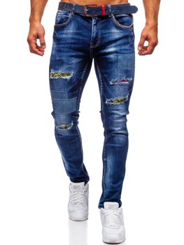 Granatowe jeansowe spodnie męskie slim fit Denley z paskiem 80034W0