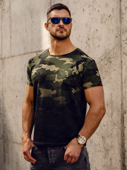 Khaki t-shirt męski z nadrukiem moro Denley S808A1