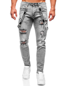 Szare spodnie jeansowe męskie slim fit z szelkami Denley KX952